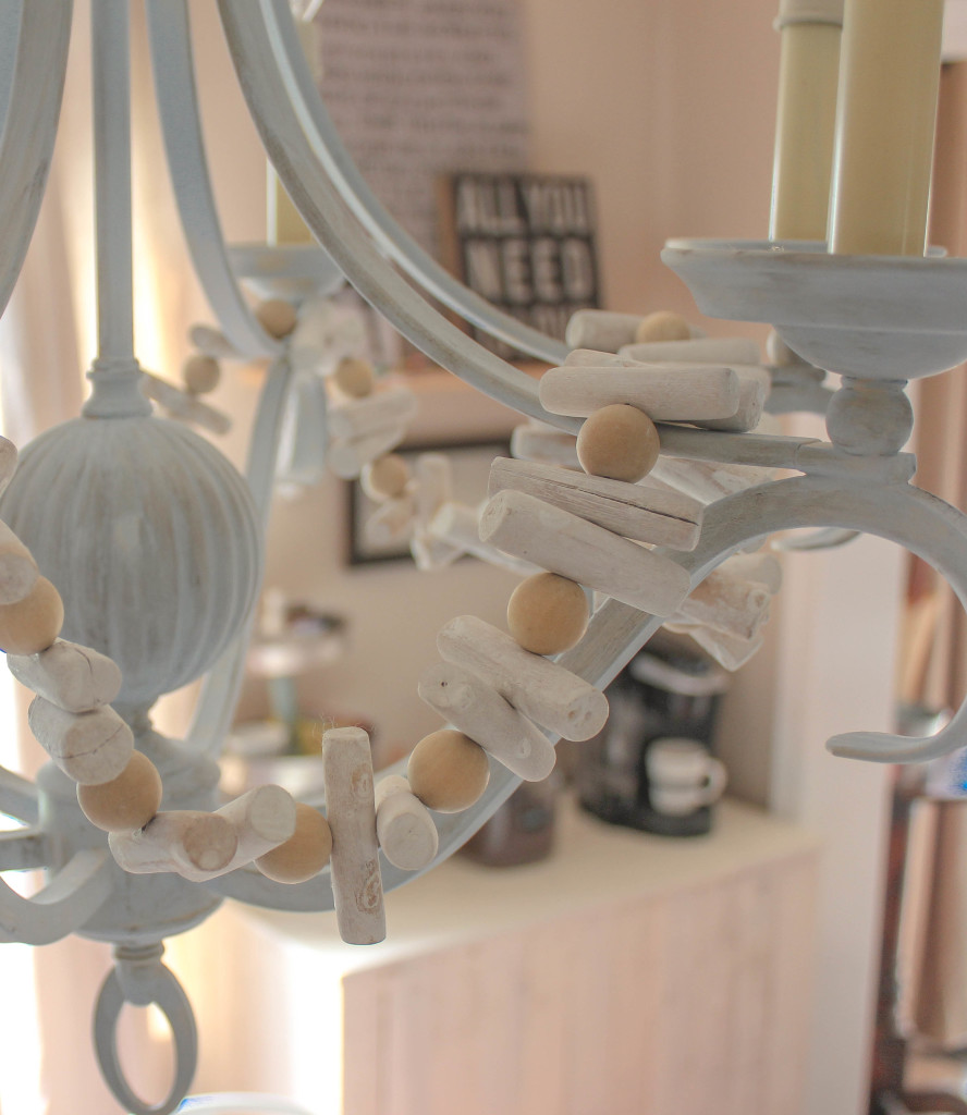 Driftwood garland on chalk painted chandelier