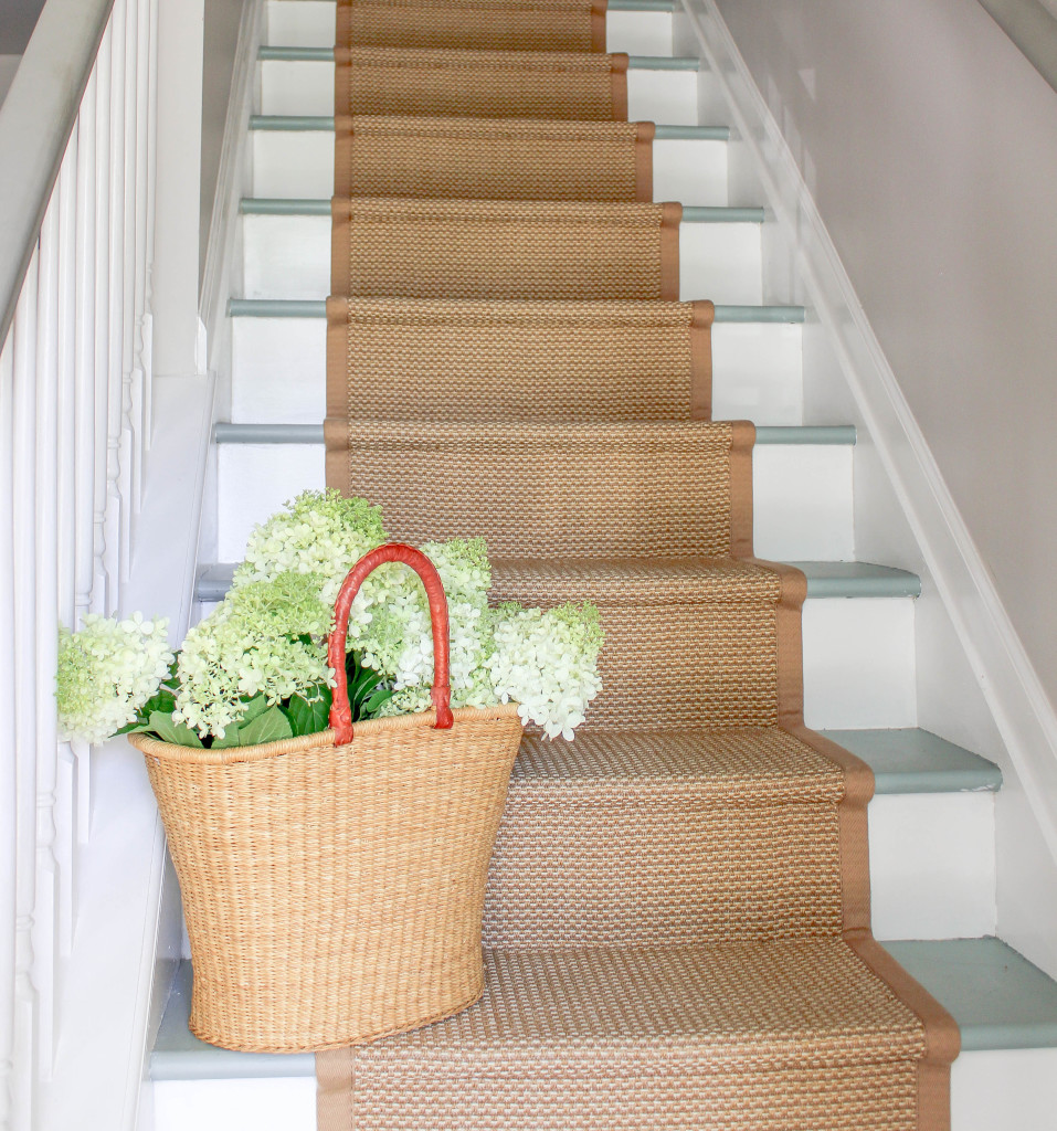 Natural fiber rug runner on Sherwin Williams Halcyon Green Stairs